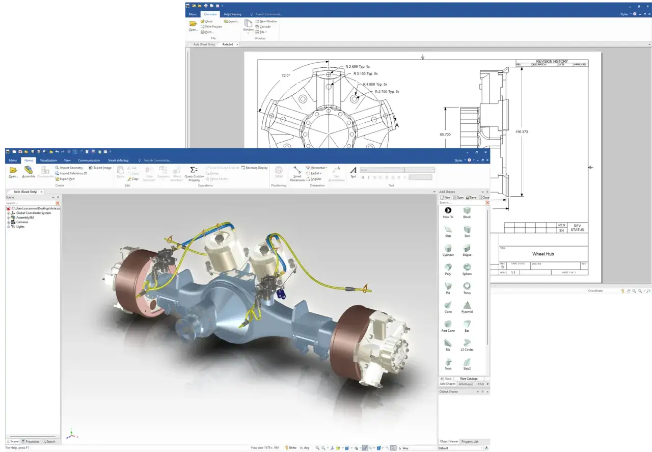 Projektowanie osi w programie IronCAD, z widokiem 3D i rysunkiem technicznym.