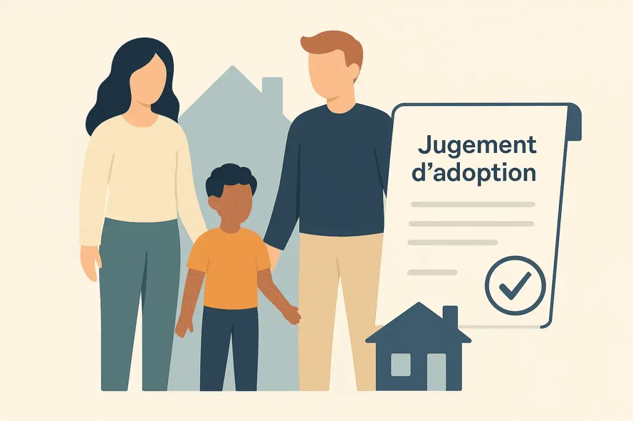 Un couple et un enfant devant des maisons stylisées, un document