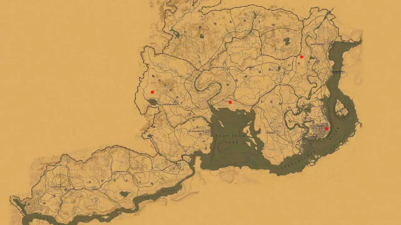 Mapa de Red Dead Redemption 2 con puntos rojos indicando ubicaciones de tramperos.