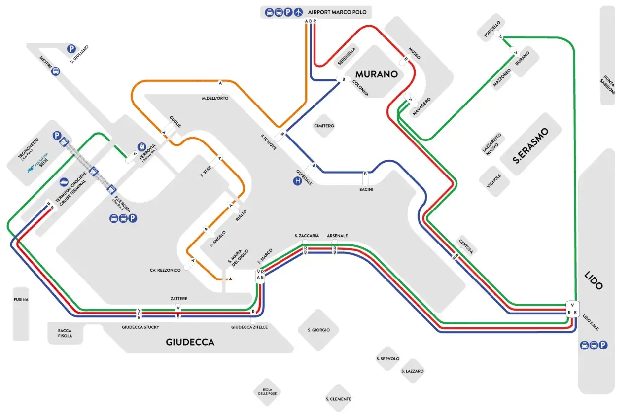 Mappa dei vaporetti per capire come arrivare a Venezia, con linee colorate che collegano le isole e le fermate principali.