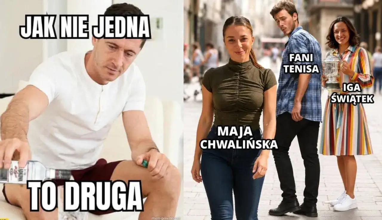 Lewandowski z butelką, a obok Maja Chwalińska i Iga Świątek. Fani tenisa patrzą na Idę.