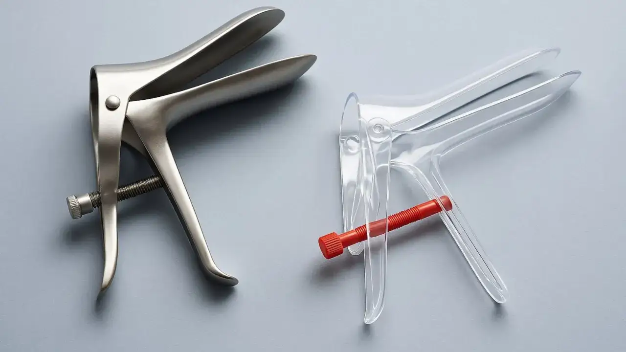 Metalowy i plastikowy wziernik, jeden z czerwonym elementem, leżą obok siebie na szarym tle.