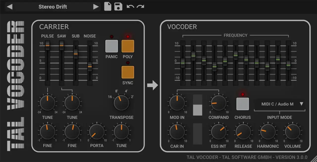 TAL Vocoder: ein kostenloser Vocoder VST-Effekt mit detaillierten Carrier- und Vocoder-Sektionen für kreative Klanggestaltung.