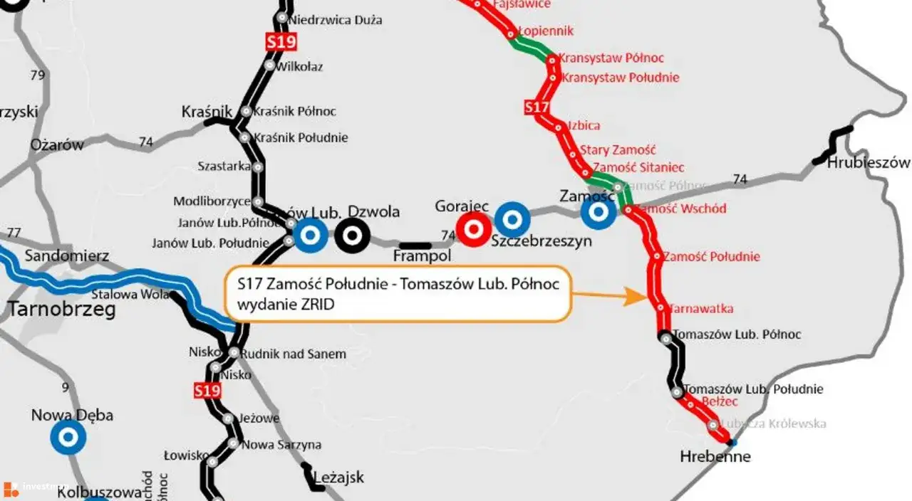 Mapa drogowa pokazuje, gdzie leży Zamość, zaznaczając trasę S17 i S19.