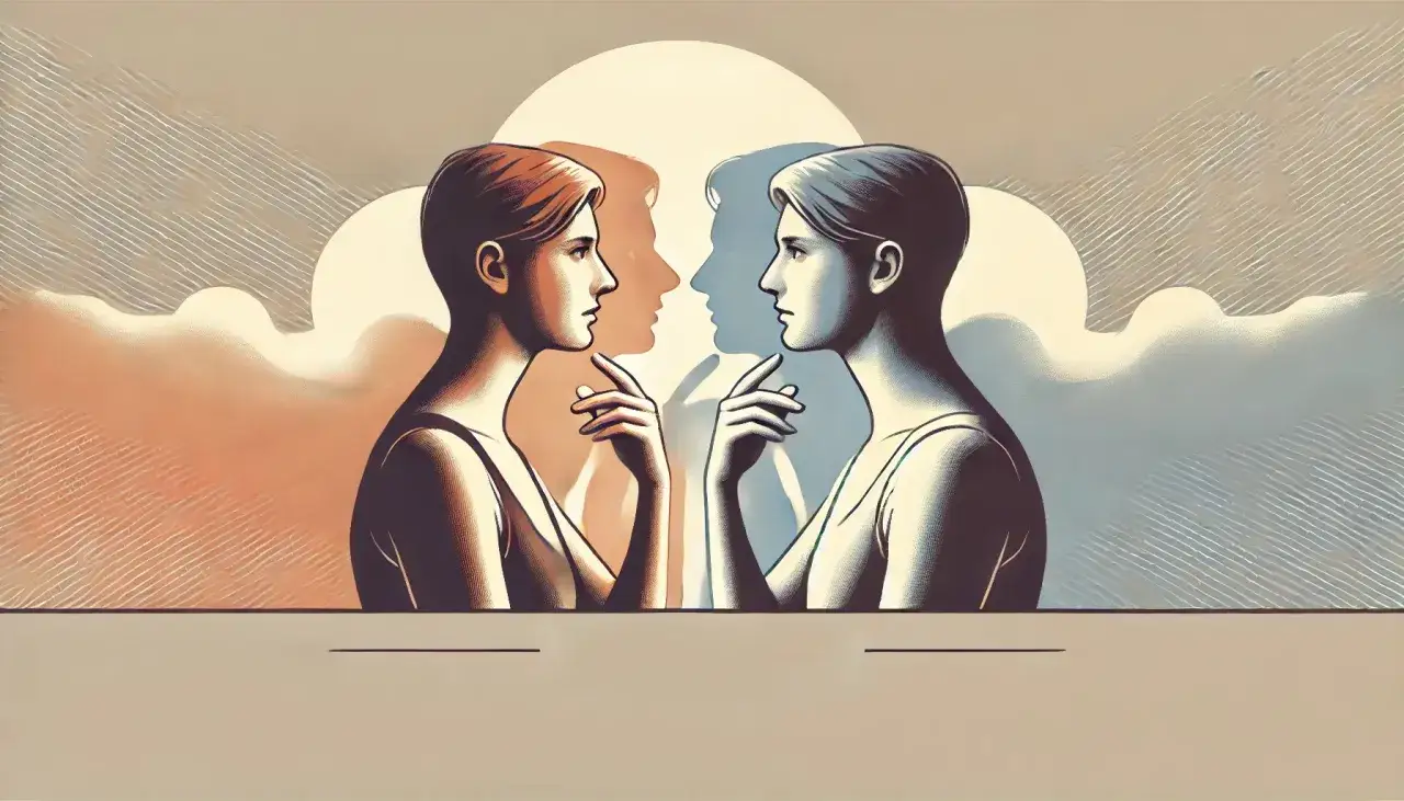 Dwie sylwetki patrzą na siebie, odbijając się w lustrze. Symbolizuje to introspekcję i poznanie siebie.