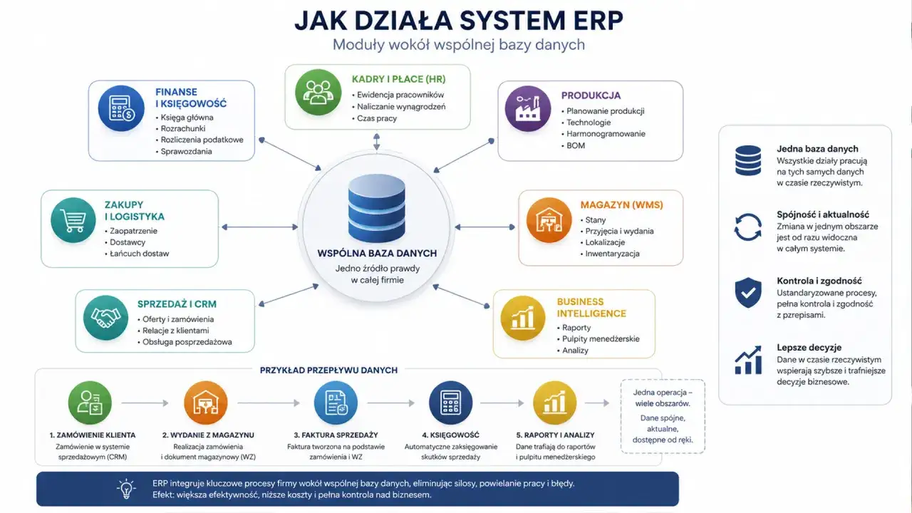 Schemat systemu ERP z modułami: finanse, kadry, produkcja, zakupy, magazyn, sprzedaż i CRM, a także BUSINESS INTELLIGENCE.