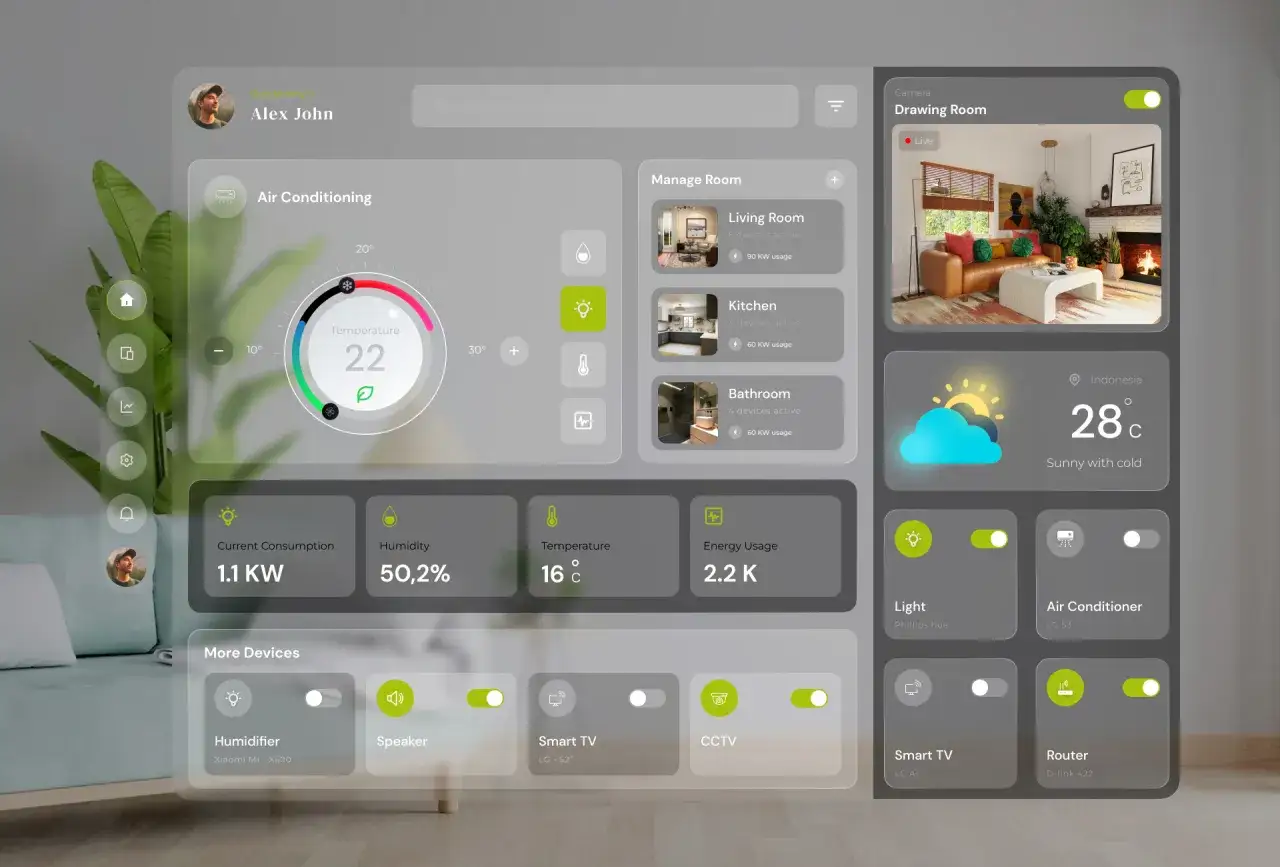 Interfejs sterowania tech home assistant: klimatyzacja, zarządzanie pokojami, pogoda, kamery i urządzenia.
