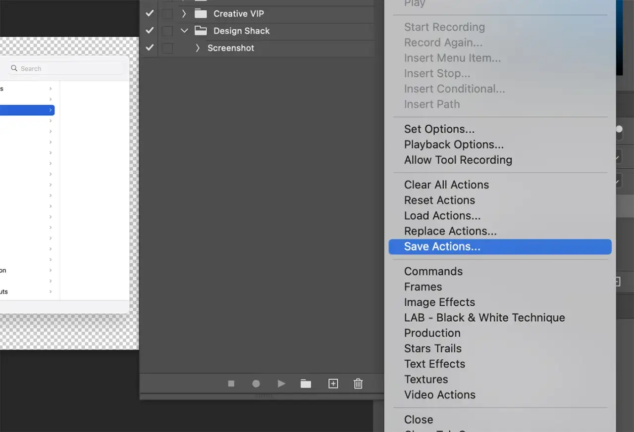 Saving Photoshop actions, including free Photoshop actions, from a menu.