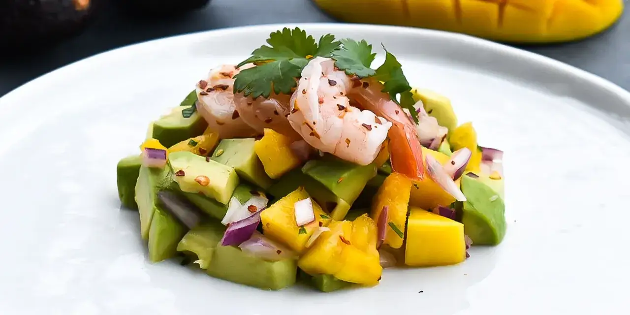 En härlig blandning av saftiga räkor, krämig avokado och söt mango, toppad med koriander. Perfekt som en lätt lunch eller förrätt, som en variant på tostadas de camaron.