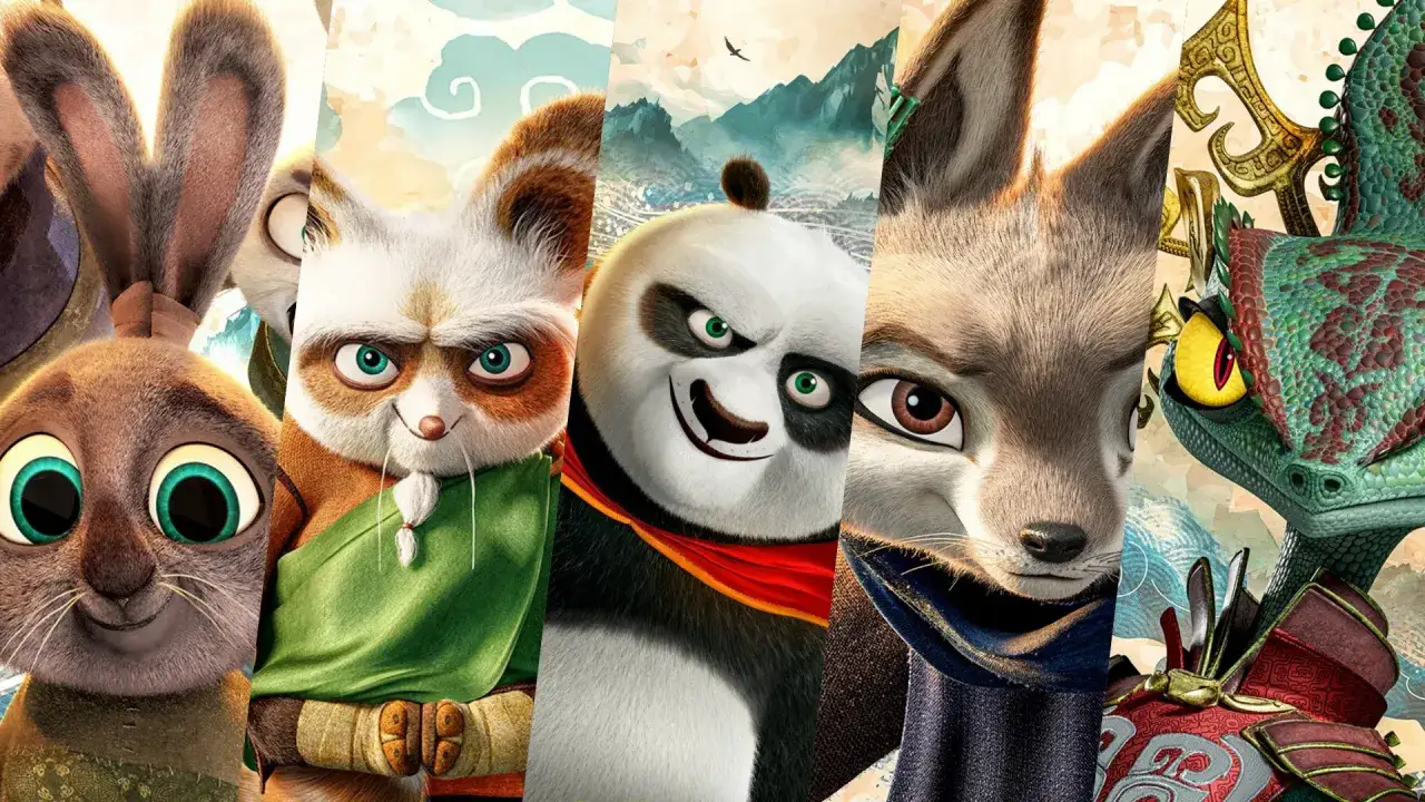 Rollistan i Kung Fu Panda 4: Po, Zhen, Chameleon och Shifu m&ouml;ts.