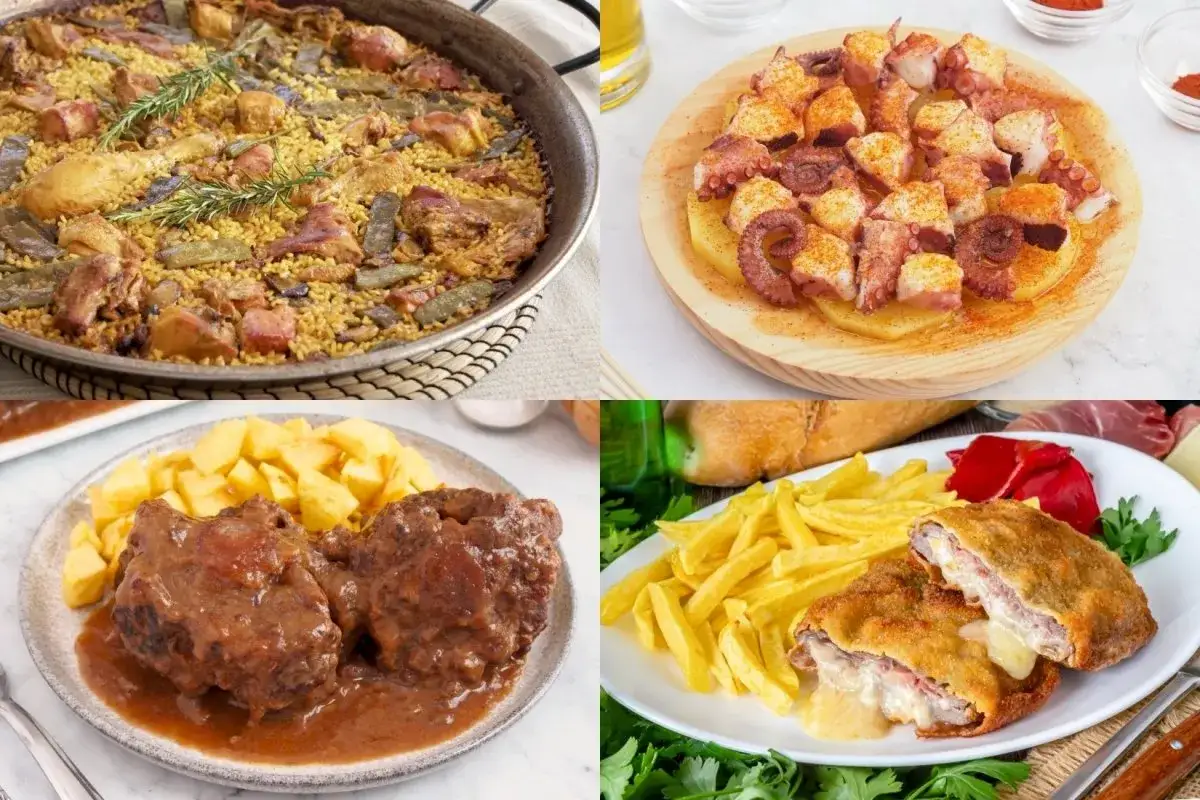 Un festín de comidas de verano españolas: paella, pulpo a la gallega, rabo de toro y un delicioso san jacobo con patatas.