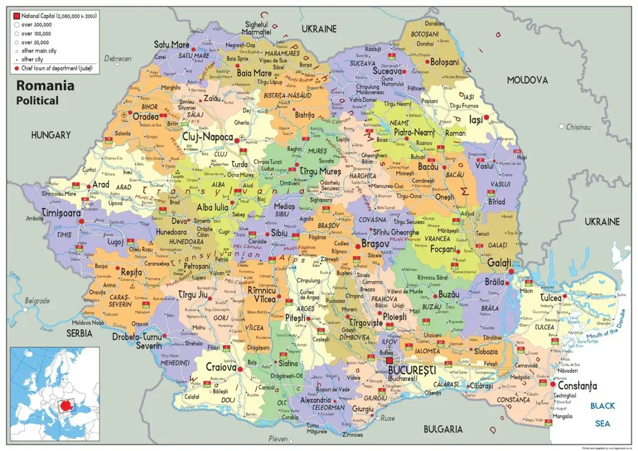 Mapa polityczna Rumunii z zaznaczonymi miastami, drogami i granicami. Wśród wielu miejscowości, na południu kraju, znajduje się Drobeta-Turnu Severin, a dalej na wschód, w kierunku Dunaju, Drobeta-Turnu Severin, a w pobliżu drogi **kierunkowy 40**.