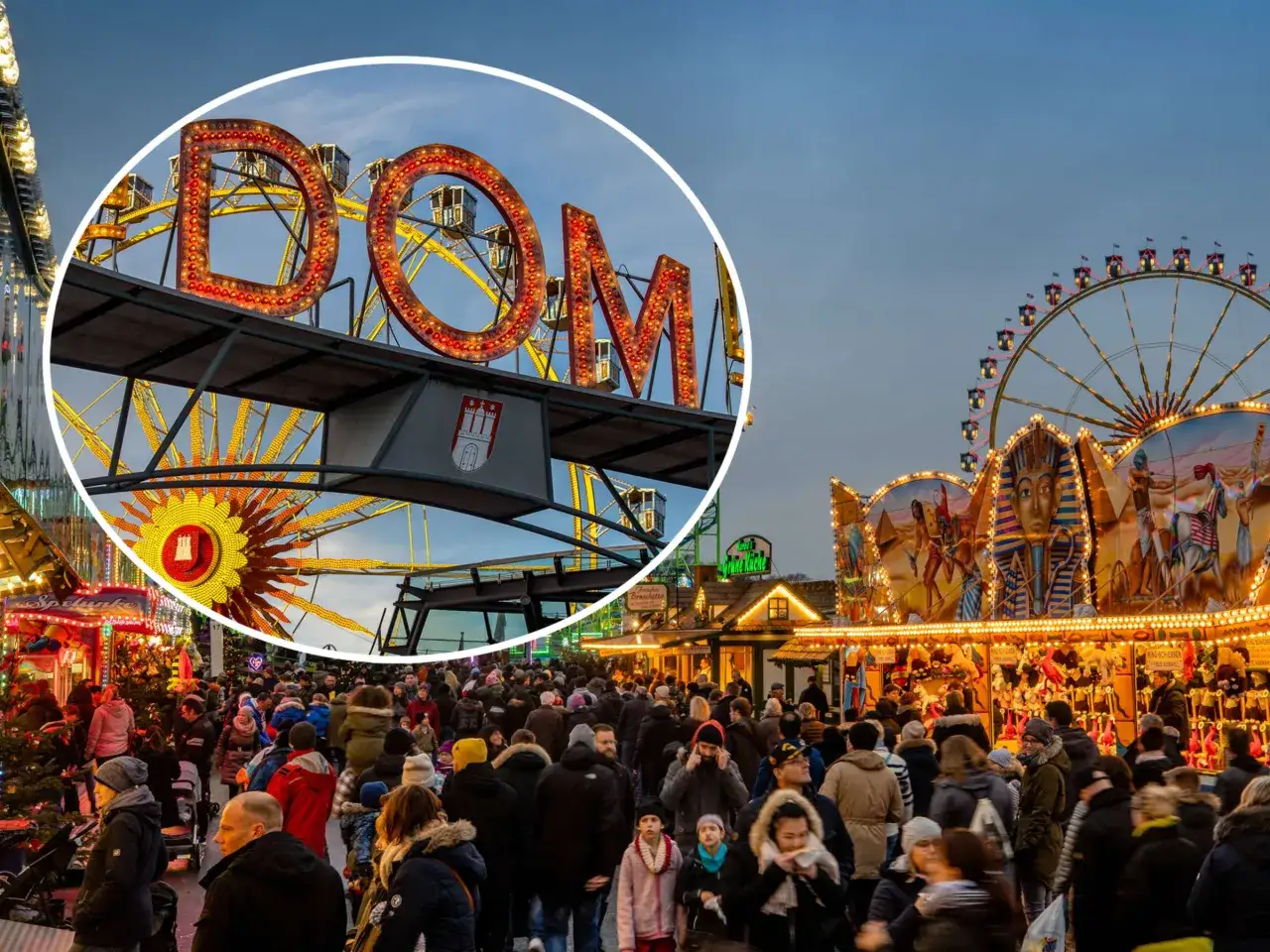 Buntes Treiben auf dem Hamburger Dom mit leuchtenden Reklamen und Fahrgesch&auml;ften.