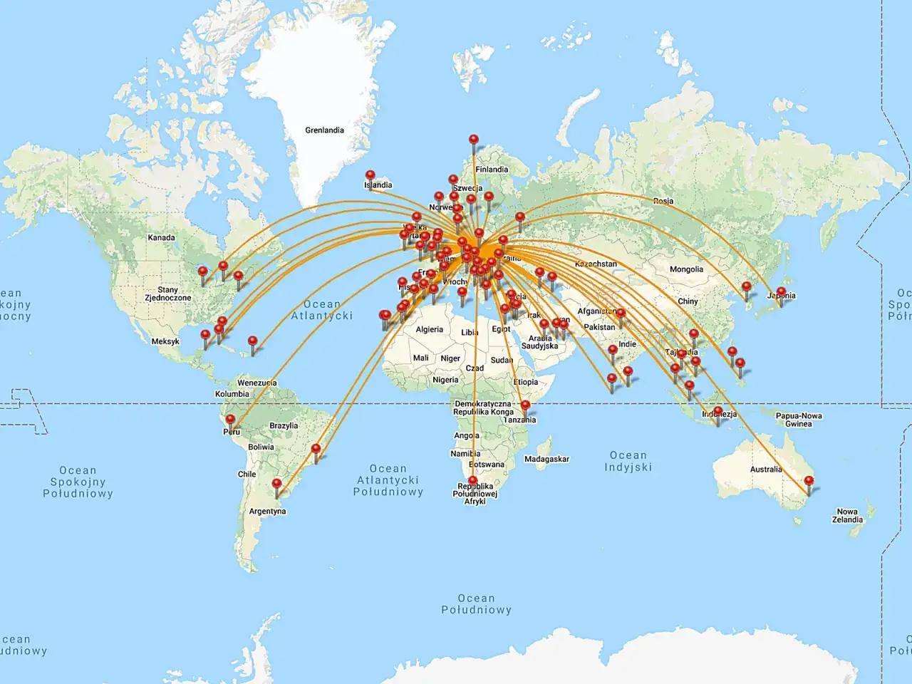 Mapa świata z zaznaczonymi trasami lotniczymi. Czy dudek odlatuje na zimę do ciepłych krajów? Te linie pokazują, dokąd latają ludzie.