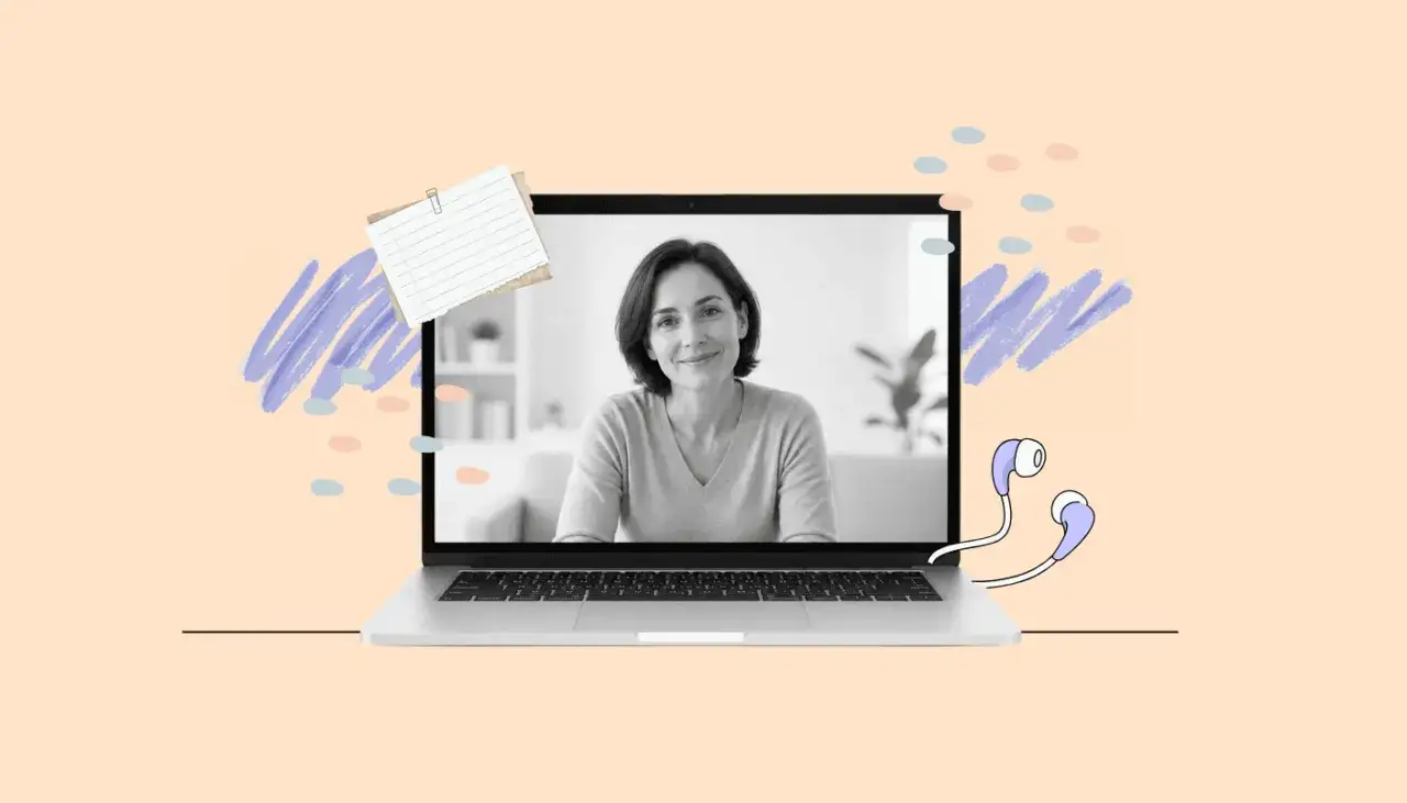 Uśmiechnięta psychodietetyk online na ekranie laptopa, gotowa do wsparcia w zmianie nawyków żywieniowych.