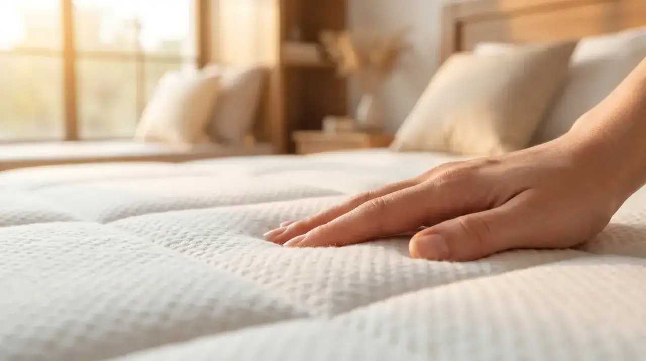 Hand testet den weichen Boxspringbett Topper, der sich sanft eindr&uuml;cken l&auml;sst.
