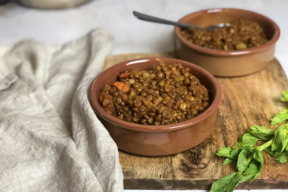 Due ciotole di terracotta piene di saporite lenticchie in umido, con carote e sedano. Un piatto confortante pronto da gustare.