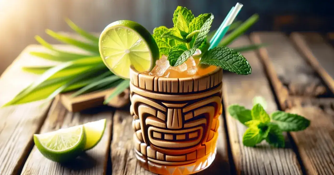 Orzeźwiający koktajl Mai Tai w drewnianym kubku tiki, ozdobiony plasterkiem limonki i miętą. Idealny na tropikalne wakacje.
