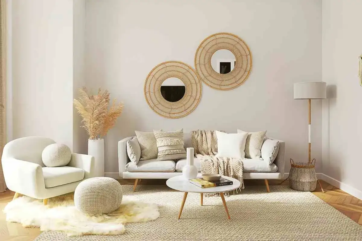 Sofá gris, sillón blanco y puf redondo, con espejos circulares y plantas secas. Ideas de colores para salones pequeños que crean un ambiente acogedor.