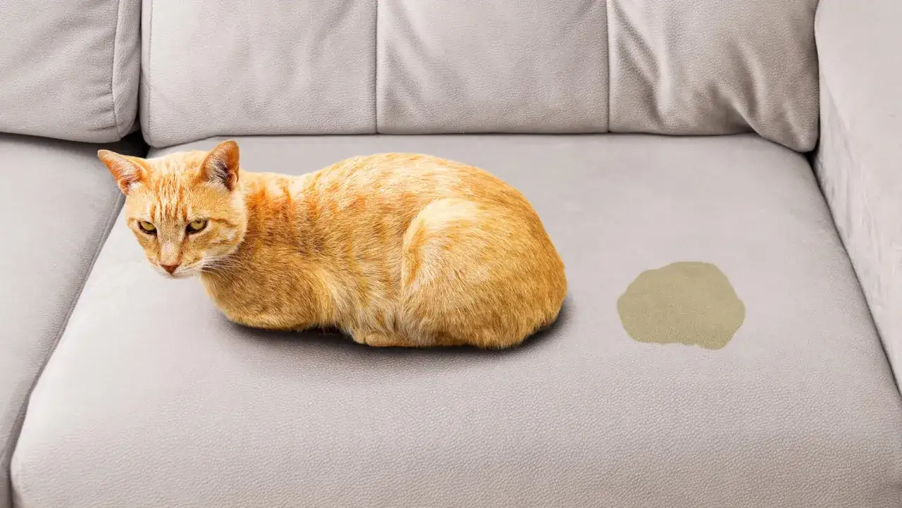 Ein roter Kater sitzt neben einem Fleck auf einem grauen Sofa. Tipps zur Katzenurin entfernen sind hier gefragt.