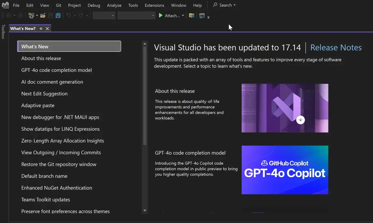 Visual Studio 2022 zeigt die Release Notes f&uuml;r Version 17.14. Neu ist das GPT-4o Copilot Code Completion Model.