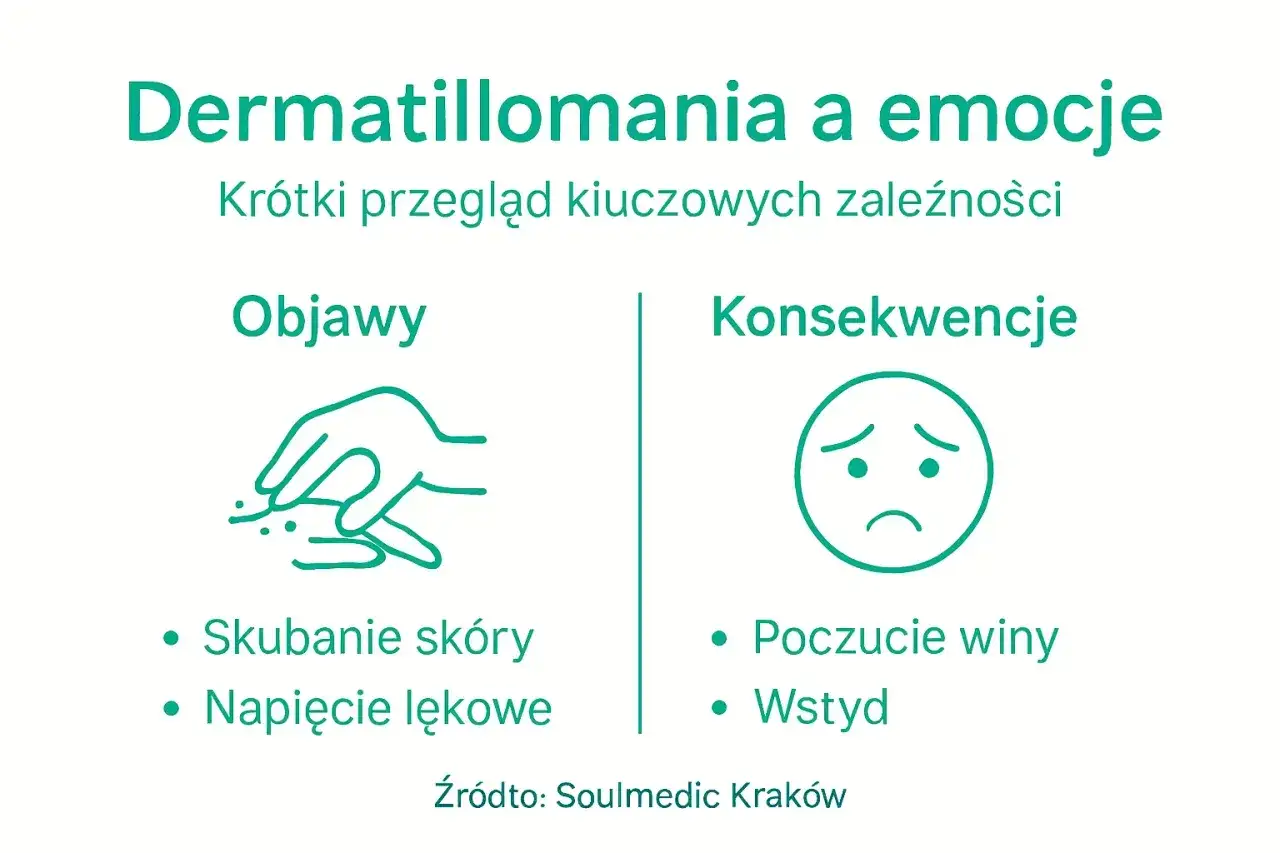 Dermatillomania: objawy (skubanie skóry, napięcie lękowe) i konsekwencje (poczucie winy, wstyd).