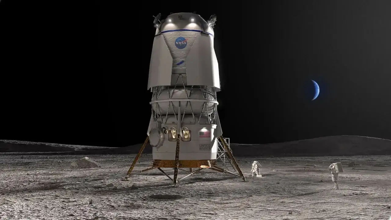 Lądownik Artemis 3 na Księżycu, z astronautami i Ziemią na niebie.