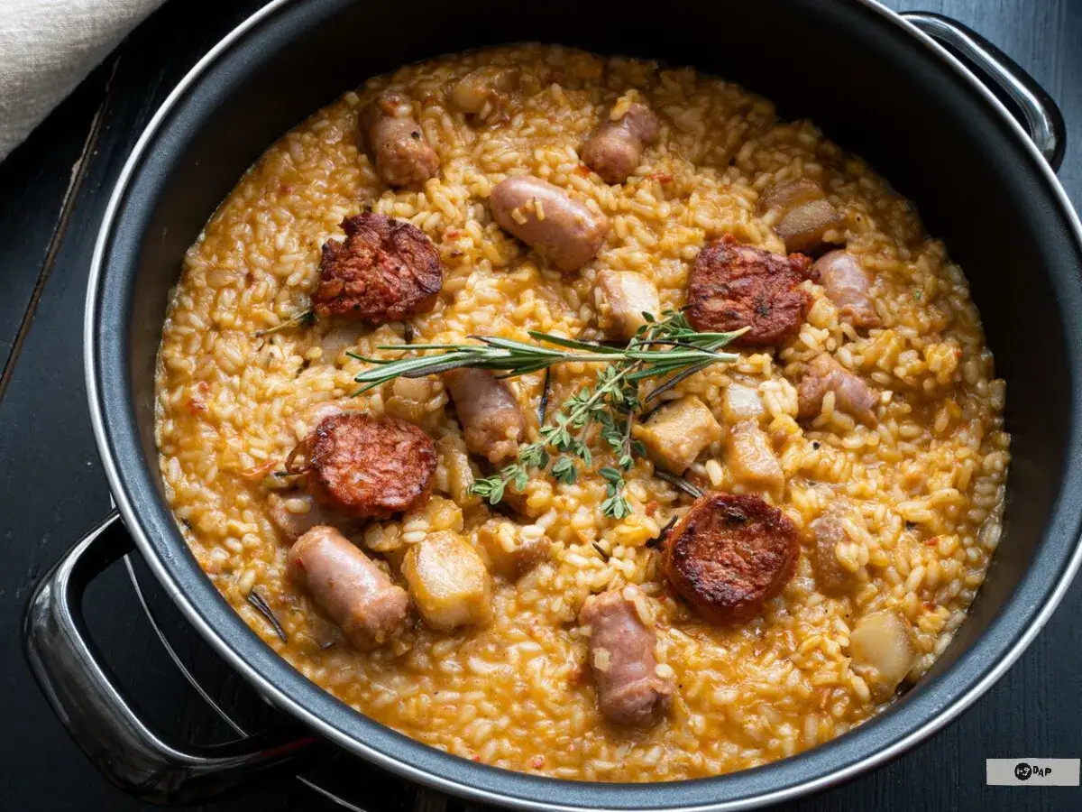 Arroz a la zamorana en paellera, con trozos de chorizo, costilla y salchichas, decorado con romero y tomillo.