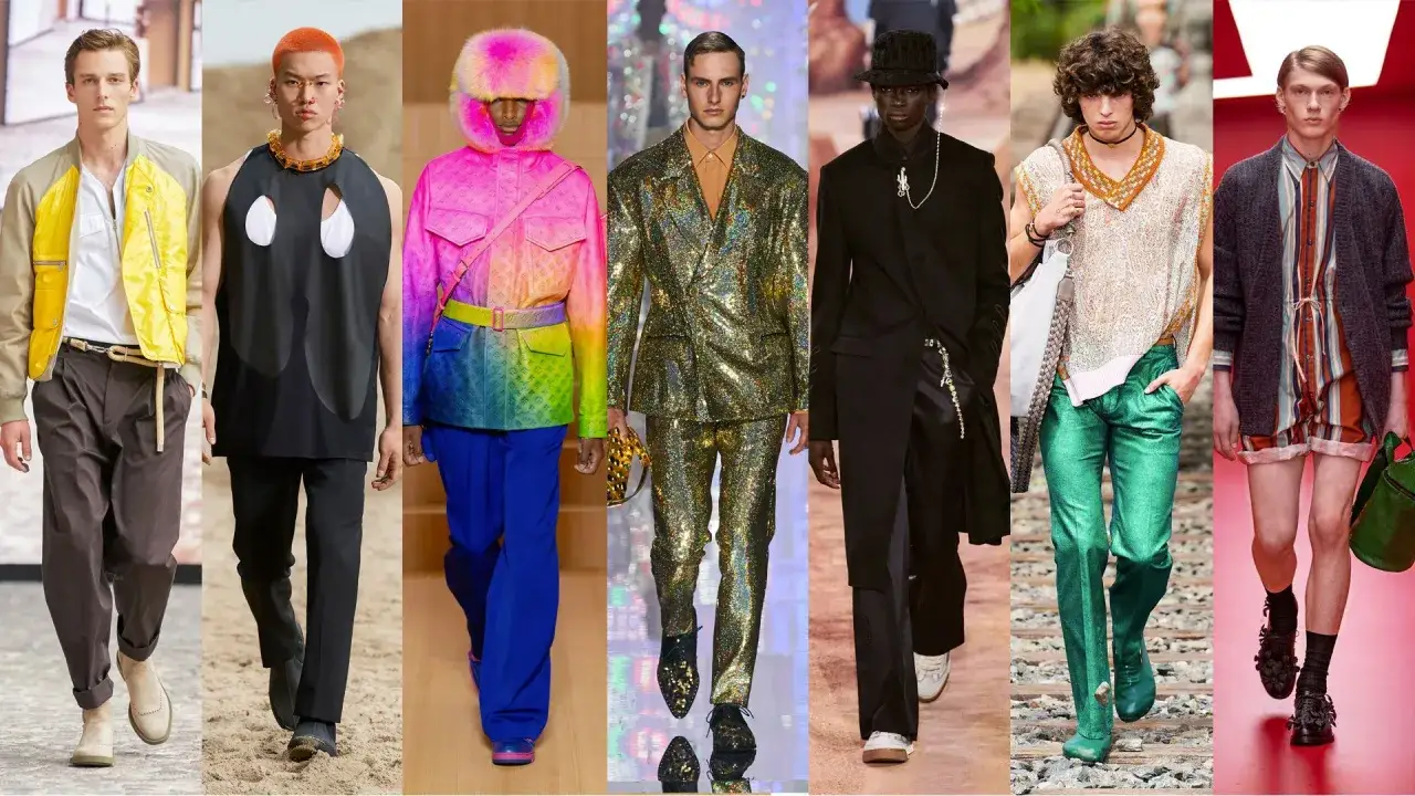 Runway looks showcasing bold gay men fashion: vibrant colors, sequins, and unique silhouettes.