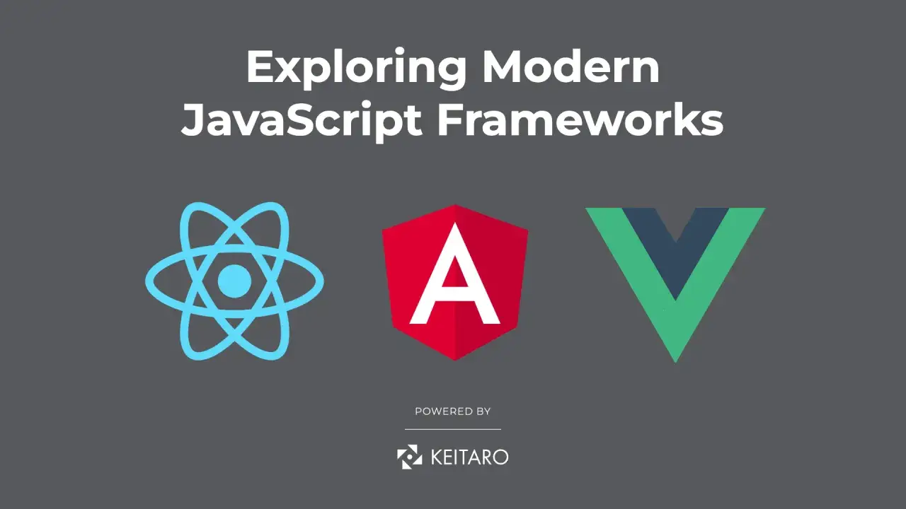 Ikony React, Angular i Vue.js symbolizujące popularne frameworki javascript.