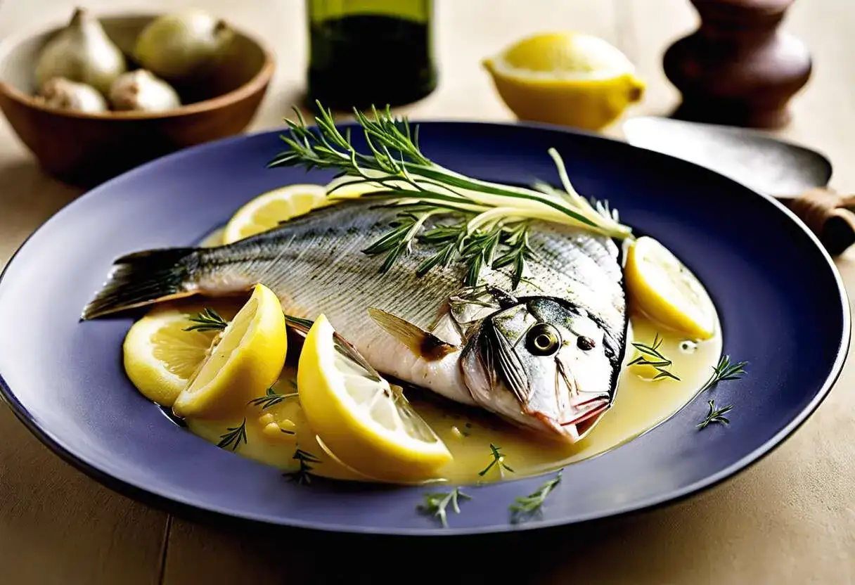 Poisson entier servi avec des quartiers de citron, des herbes fra&icirc;ches et une sauce l&eacute;g&egrave;re. Une id&eacute;e pour une recette de citron caviar.