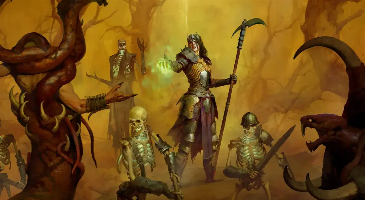 Una nigromante con armadura y guadaña invoca esqueletos y demonios en Diablo 4.