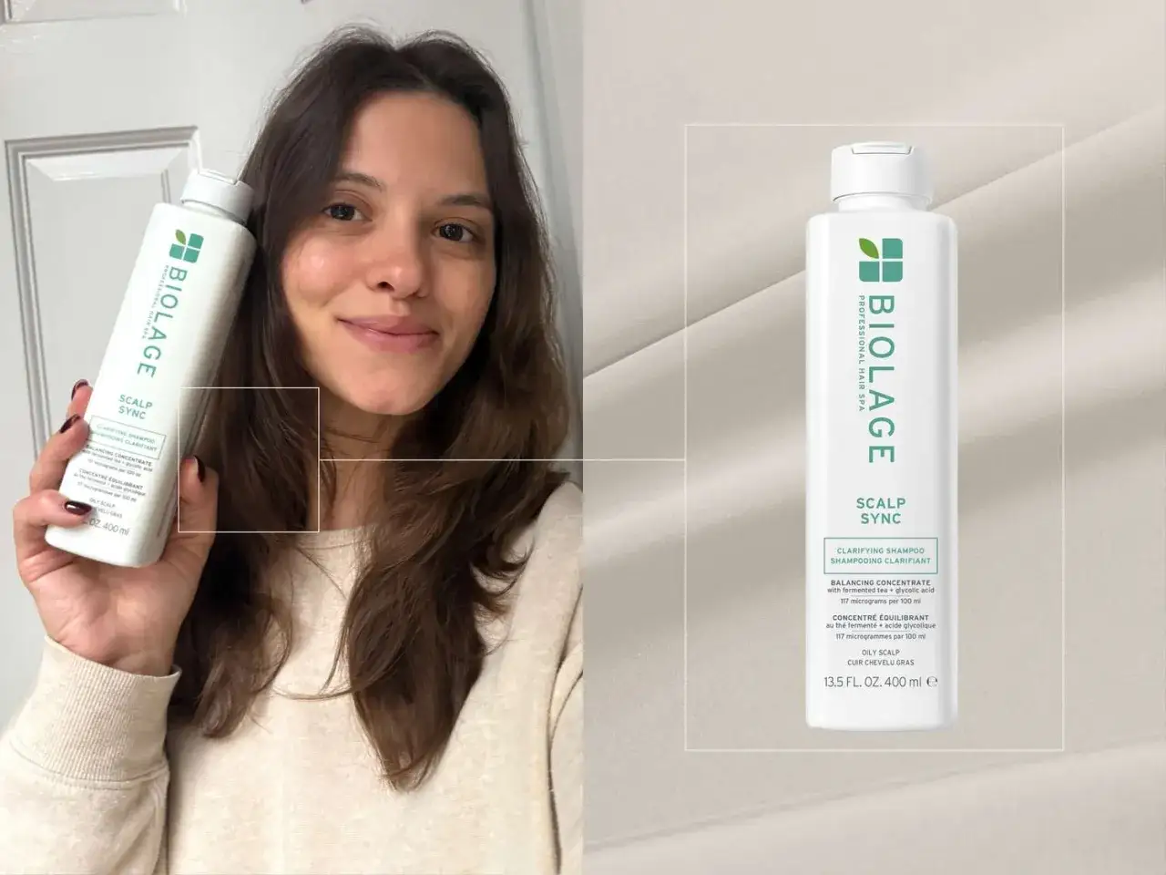 Mujer sonriente muestra champú Biolage Scalp Sync, ideal para combatir el pelo graso y lograr un cuero cabelludo equilibrado.