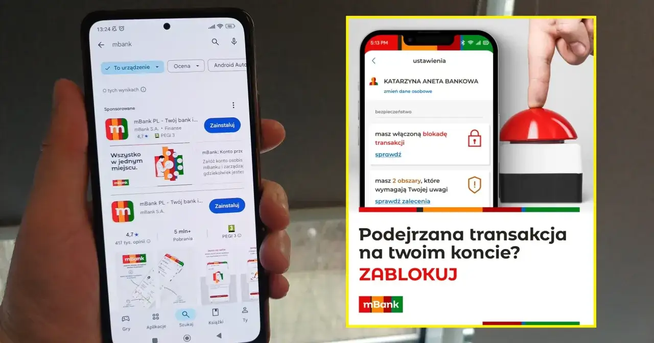 Aplikacja mBank pokazuje, jak zablokować kartę w przypadku podejrzanej transakcji. Palec naciska duży czerwony przycisk.