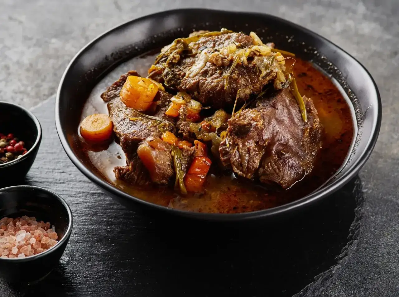 Un plat réconfortant de joue de bœuf à la bière, mijoté avec des carottes et des herbes, servi dans un bol noir.