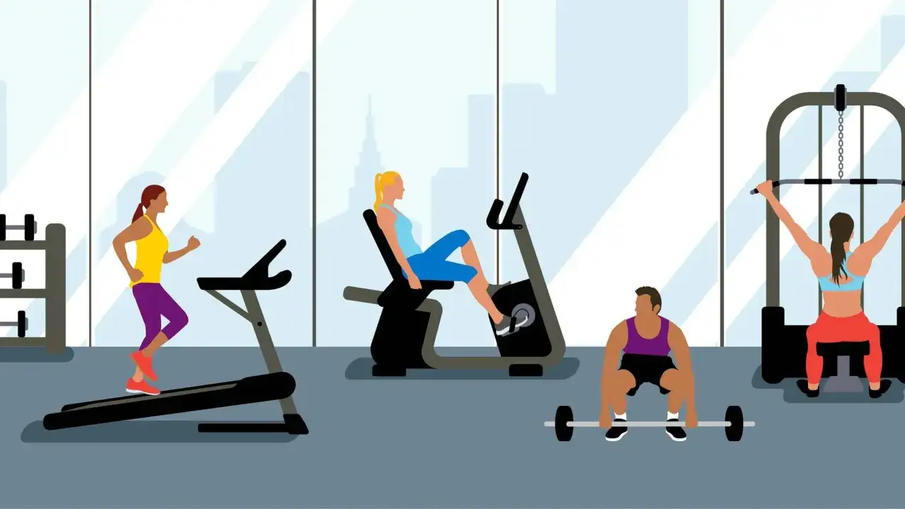 Menschen trainieren im Fitnessstudio: Laufen, Radfahren, Gewichtheben. Perfekt für Cardio und Muskelaufbau.