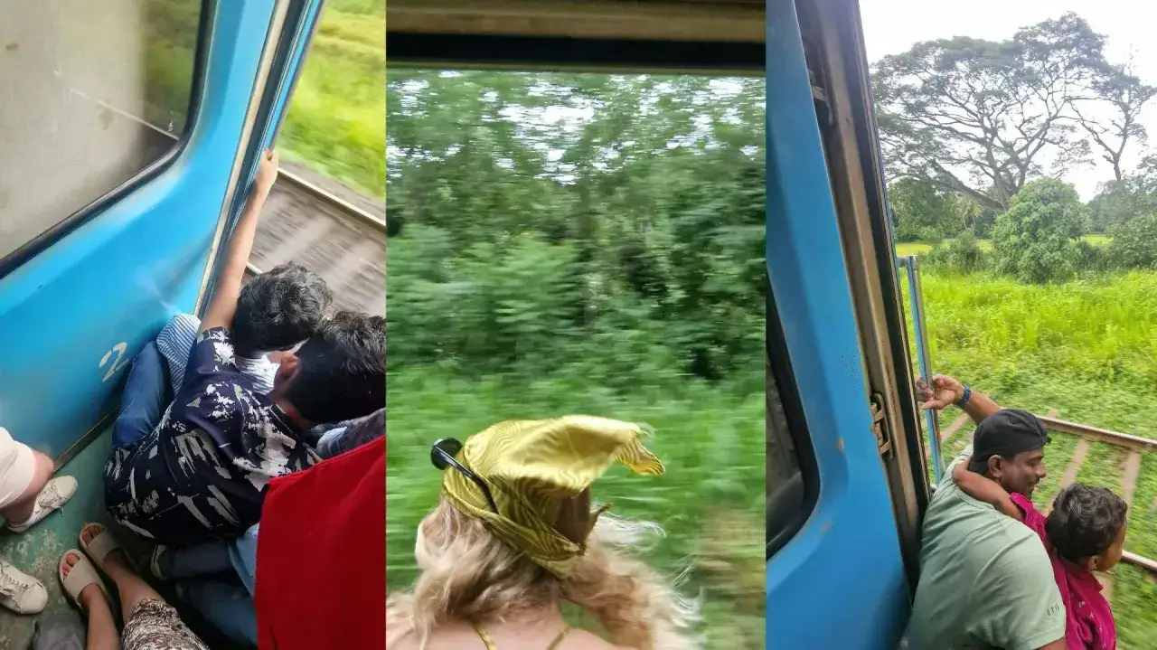 Podr&oacute;ż pociągiem przez zielone krajobrazy Sri Lanki na własną rękę. Widać ludzi, pędzącą roślinność i ogromne drzewo.