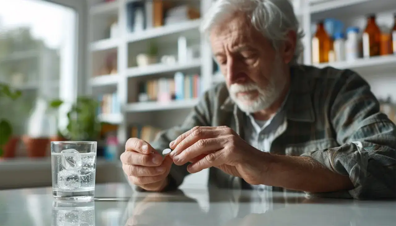 Starszy mężczyzna z siwą brodą trzyma tabletkę zolpidemu, obok szklanka wody z lodem.