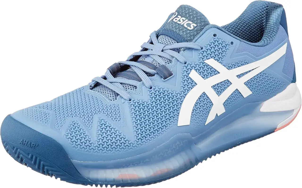 Scarpa da tennis Asics Gel Resolution 8 Clay blu, con logo bianco e suola adatta ai campi in terra rossa.