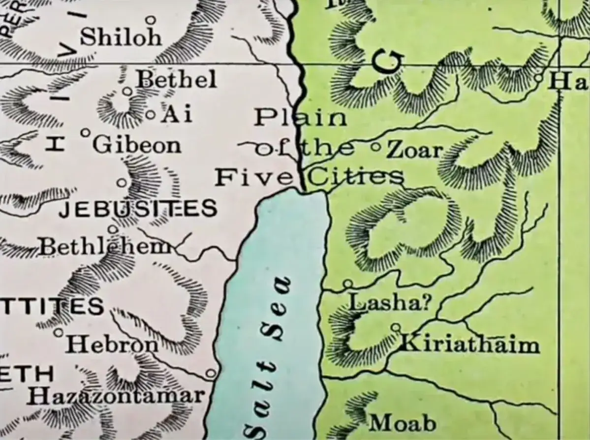 Mapa biblijna z zaznaczonymi miastami Pięcioksięgu, kt&oacute;rych zniszczenie symbolizuje sodoma i gomora znaczenie upadku moralnego.