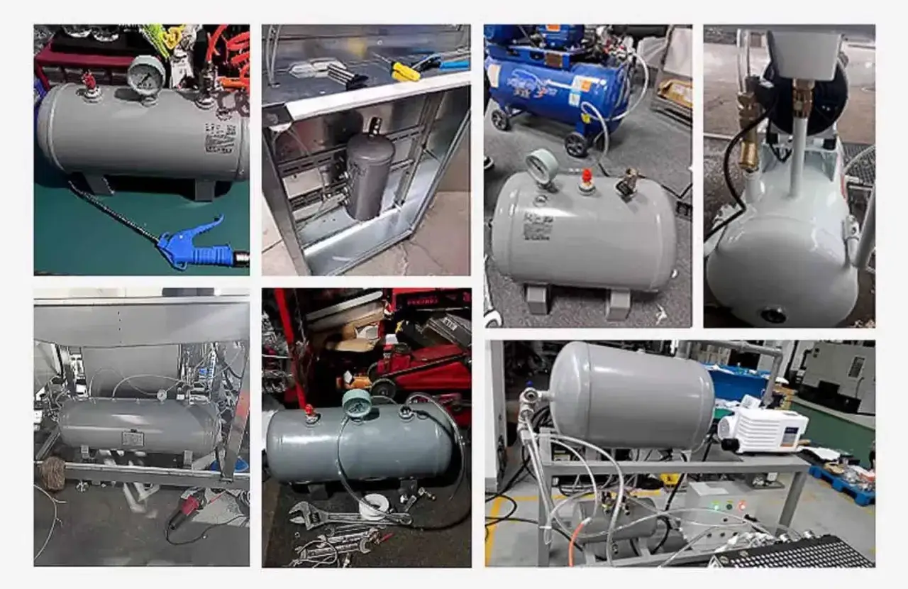 Varias imágenes de compresores y tanques de aire comprimido, mostrando su instalación y componentes. Cumpliendo la normativa de compresores de aire comprimido.