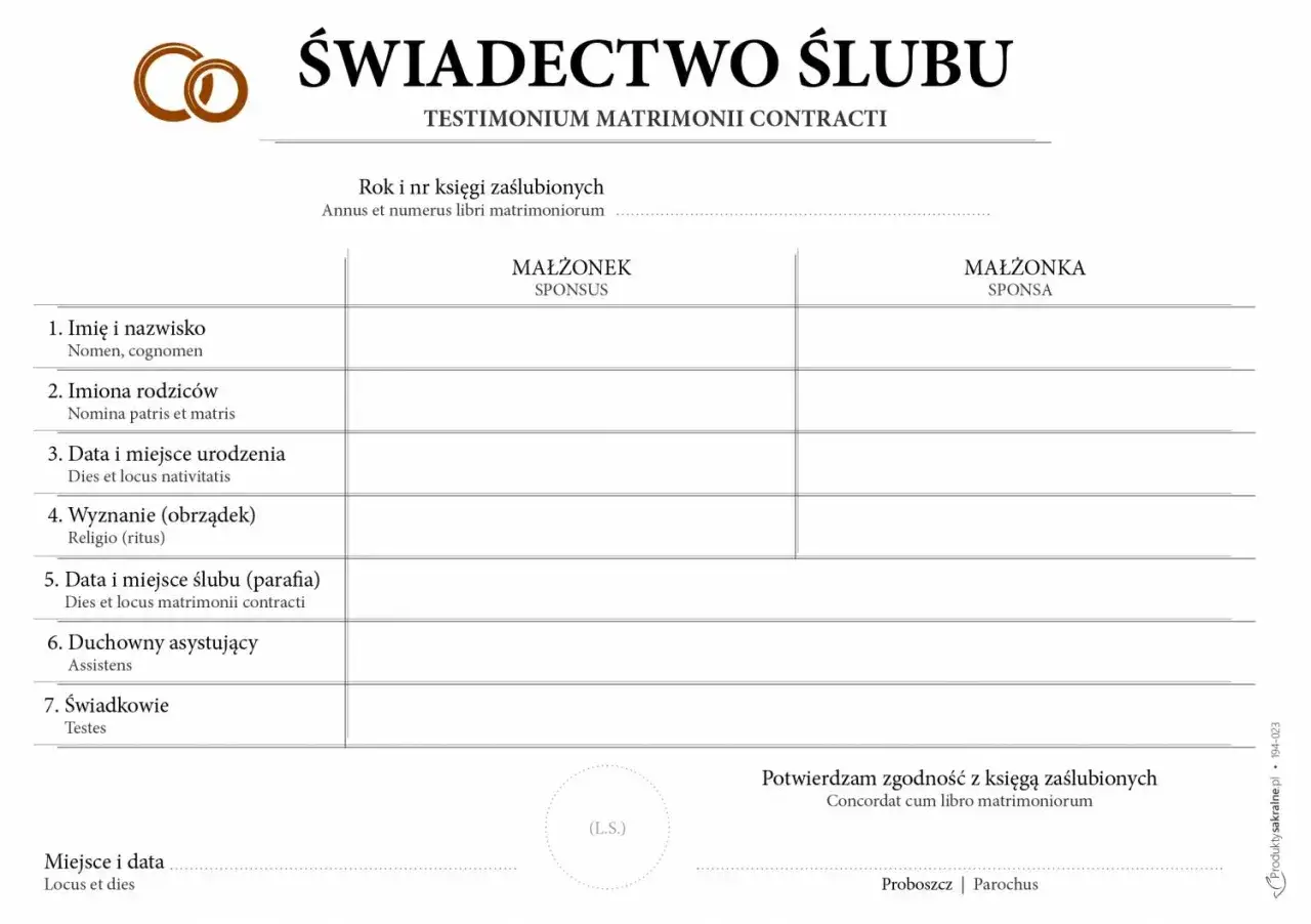 Formularz dokument&oacute;w do ślubu, zawierający pola na dane narzeczonych, świadk&oacute;w i szczeg&oacute;ły ceremonii.