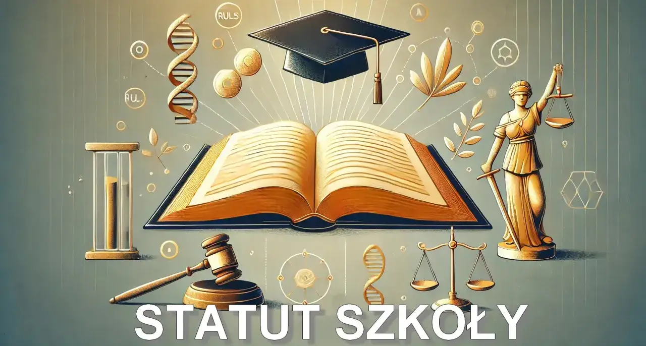 Otwarta księga, młotek sędziowski, klepsydra, biret i Temida symbolizują, co to jest statut szkoły – jej podstawowe zasady.