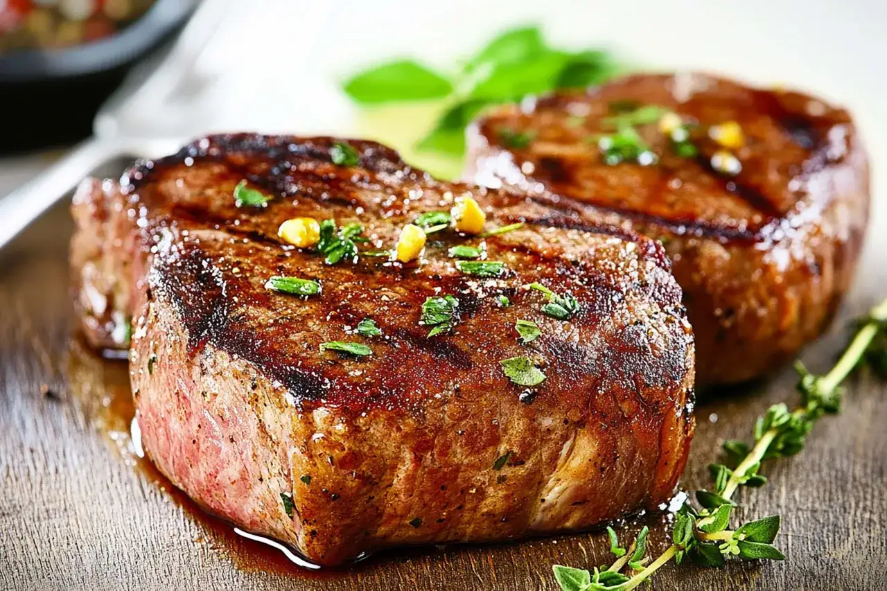 Due succulenti filetti di manzo grigliati, guarniti con erbe aromatiche e chicchi di pepe, pronti per essere gustati.