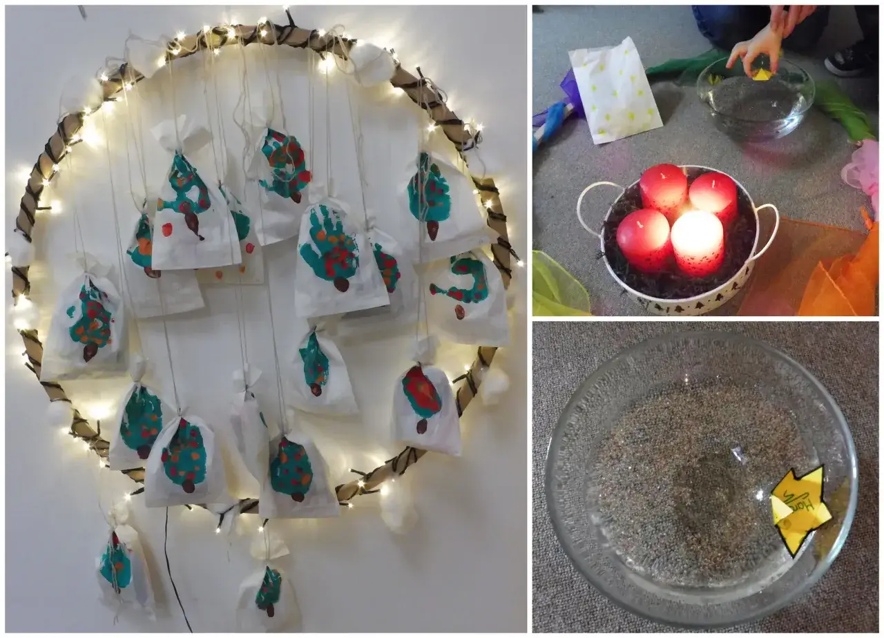 Selbstgebastelter Adventskalender für die Grundschule mit kleinen Päckchen, Lichtern und Glitzer.