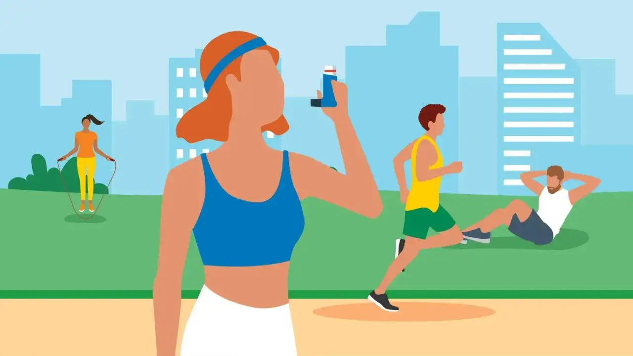 Frau mit Inhalator gegen **belastungs asthma** trainiert im Park. Andere machen Sport.