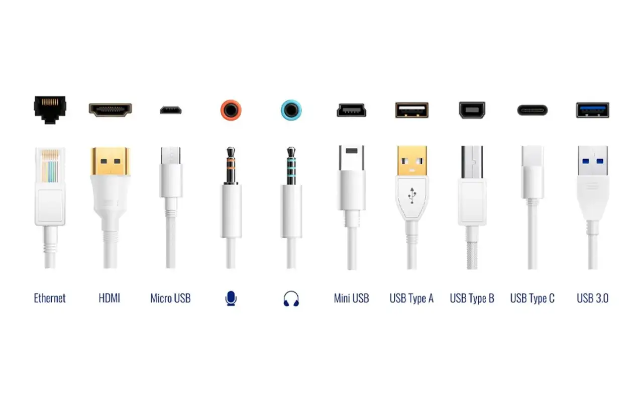 Verschiedene Kabelanschl&uuml;sse, darunter Ethernet, HDMI, Micro USB, Mini USB, USB Typ A, B, C und USB 3.0. Ideal f&uuml;r den externe festplatte anschluss.