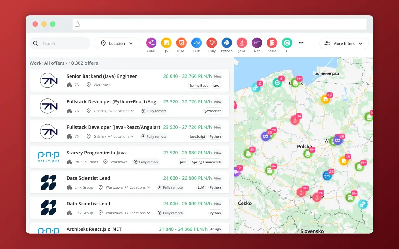 Przegląd ofert pracy dla deweloperów, pokazujący zarobki od 23 520 do 32 760 PLN/h. Widoczne oferty dla Senior Backend, Fullstack, Data Scientist.