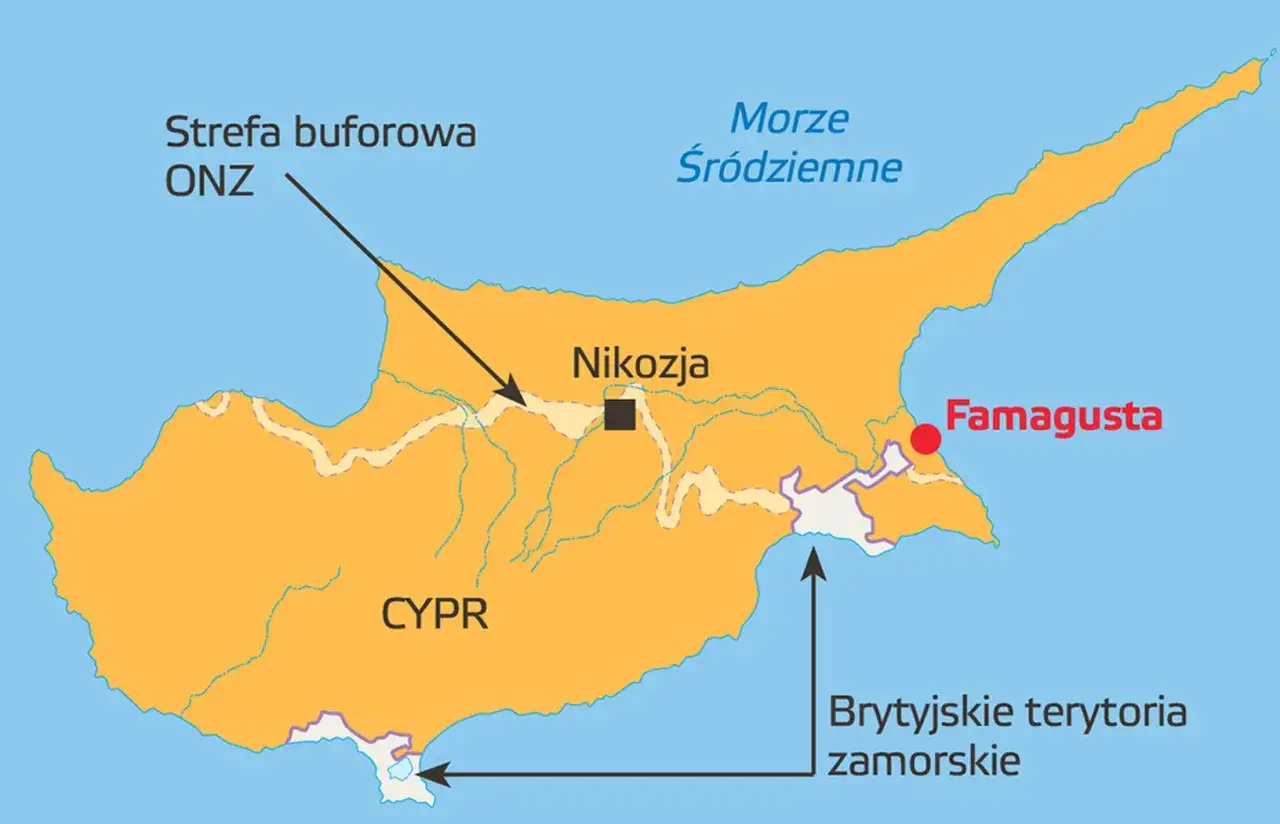 Mapa Cypru z zaznaczoną Nikozją, Famagustą, strefą buforową ONZ i brytyjskimi terytoriami zamorskimi. Cypr do kogo należy?