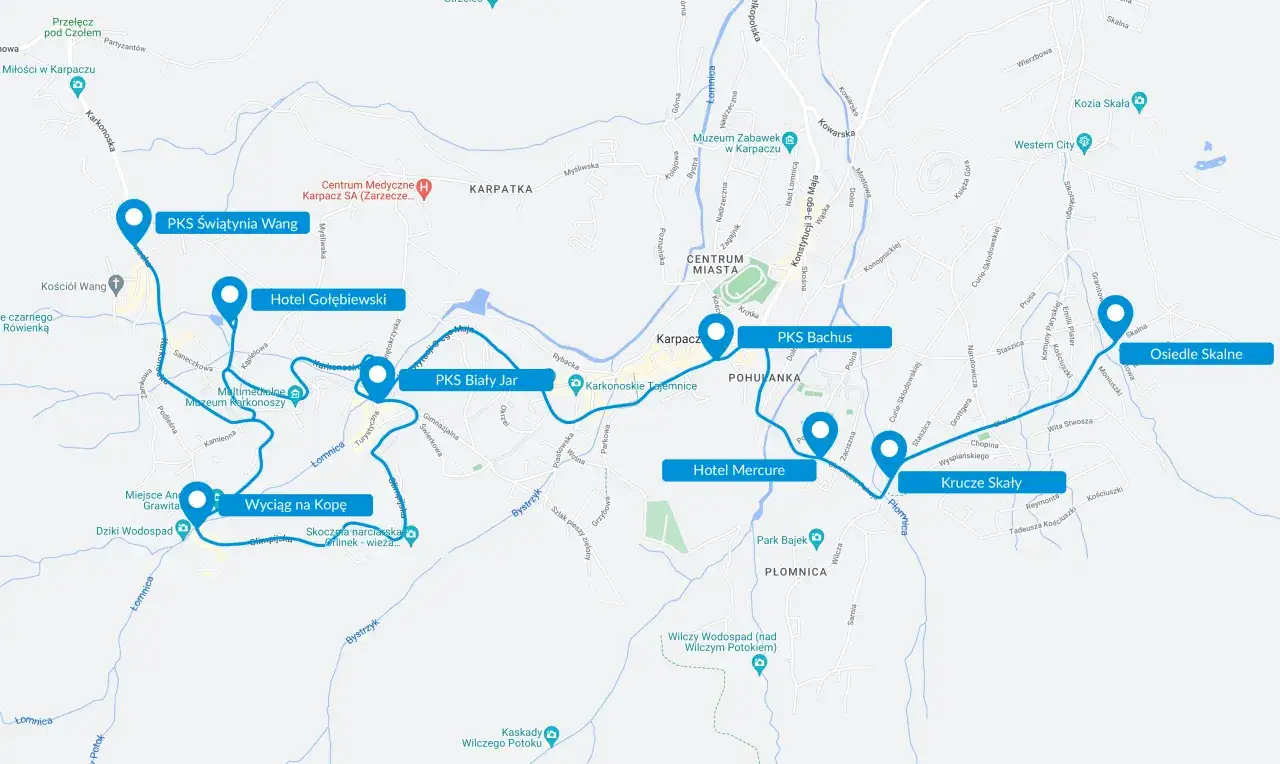 Mapa pokazuje trasę autobusową w Karpaczu, kt&oacute;ra pomoże Ci dowiedzieć się, jak dojechać do Karpacza pociągiem, a następnie przesiąść się na autobus.